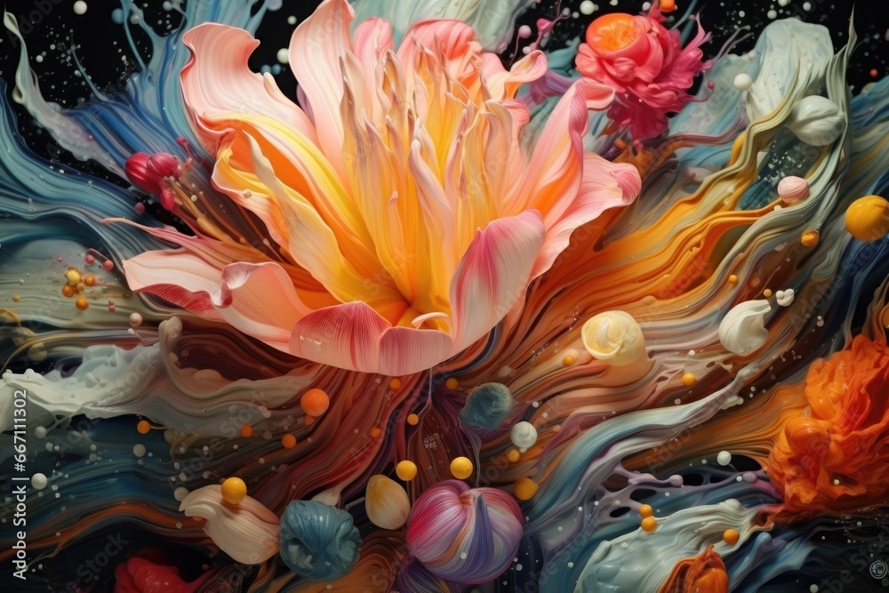 Poster A detailed close-up view of a beautiful painting of a flower. Perfect for adding a touch of nature and elegance to any space.