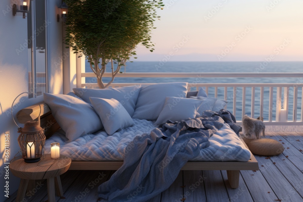 Poster a comfortable bed sits on top of a wooden floor, next to a balcony. this versatile image can be used