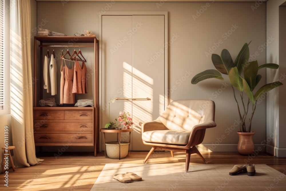 Poster a simple room with a chair and a closet. this image can be used to depict a cozy corner or a minimal