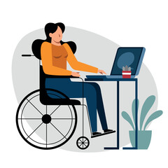 A vector image of a student in a wheelchair while the remote study. - 667111343