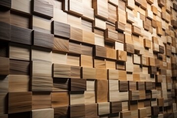 Wall with timber-style tiled blocks of natural wood and tile wallpaper. Generative AI