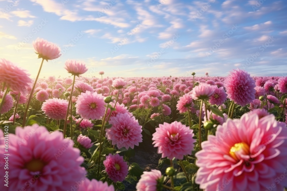 Aufkleber a beautiful field of pink flowers under a clear blue sky. perfect for adding a touch of nature and c
