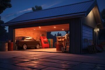 A car parked in a garage at night. Ideal for automotive, transportation, or security concepts.