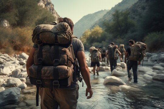 A group of people crossing a river together. This image can be used to depict teamwork, adventure, or outdoor activities.