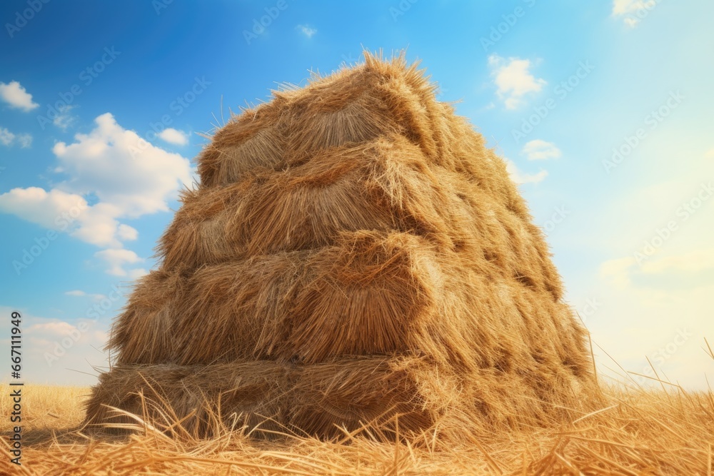 Poster a stack of hay sitting in a field. this image can be used to represent agriculture, farming, or rura