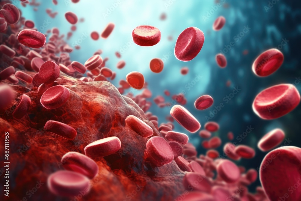 Poster a close-up image of a group of red blood cells flowing through a vein. this picture can be used to i