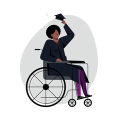 A vector image of a black student in a wheelchair in an academic dress. - 667111918