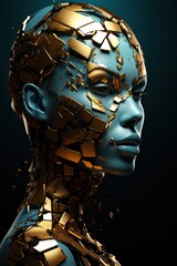 Close-up of a Blue Skinned Woman with a face Breaking in a lot of Golden pieces. Fashinating Young Lady wth closed Eyes.