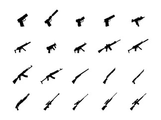 guns and weapons icons, rifles, pistols, and submachine guns, Editable Vector