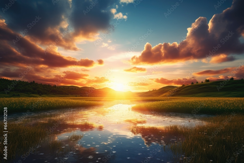 Poster a beautiful sunset over the water in a field. this image can be used to depict tranquility and natur