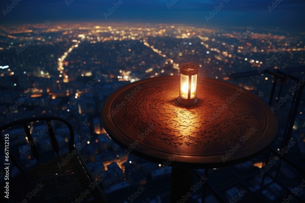 Poster A picture of a table with a candle placed on top. This image can be used for various purposes.