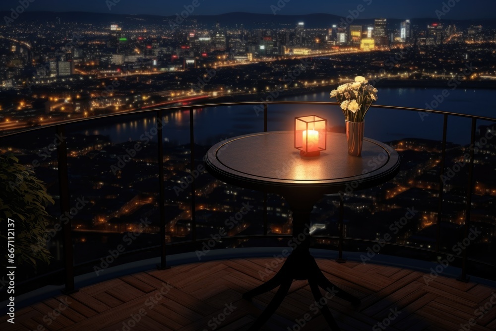 Poster A picture of a table with a candle on top. This versatile image can be used to create a warm and cozy atmosphere in various settings
