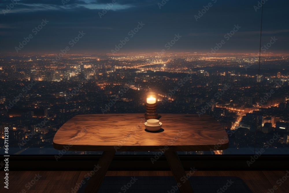 Poster A wooden table with a single candle placed on top. This image can be used to create a cozy and warm atmosphere in various settings