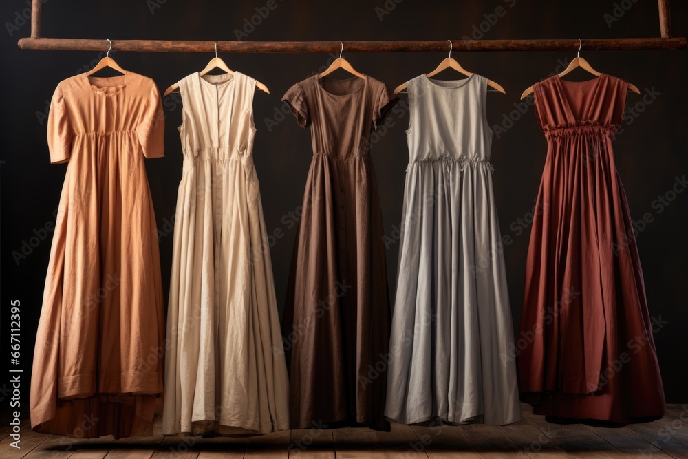 Poster a row of dresses hanging on a clothes rack. this image can be used to showcase a collection of cloth