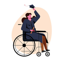 A vector image of a student in a wheelchair in an academic dress. - 667112335