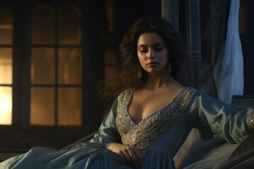 Obraz premium A woman wearing a blue dress sitting on a bed. This image can be used to depict relaxation, bedroom scenes, or fashion and style