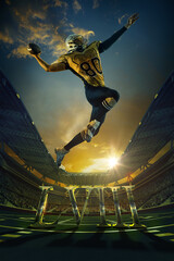 Dynamic image of man, American football player in motion, throwing ball during match, game on open air stadium with fans. Concept of sport event, championship, betting, game. Poster for ad
