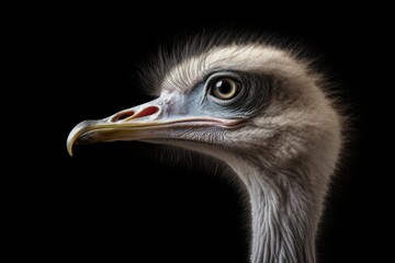 A detailed close-up view of an ostrich's head on a black background.  - Powered by Adobe