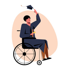 A vector image of a student in a wheelchair in an academic dress. - 667112546