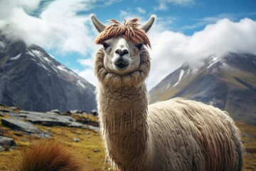 Obraz premium A shaggy-haired llama standing confidently in a beautiful field. Perfect for nature or animal-related projects