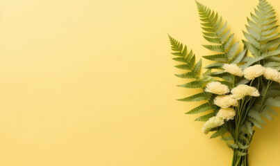Fototapeta na wymiar Yellow flowers and green ferns.
