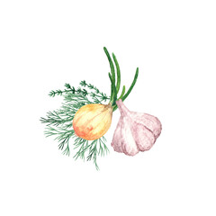 Onion with green shoots, dill, thyme and garlic. Healthy eating, gardening. Farmers market. Watercolor clipart for Kitchenware, logo, templates, cookbook, flyer, sticker, recipe