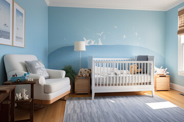 Children's bedroom that sings of the sea. Soft blue walls, white cribs with blue linens
