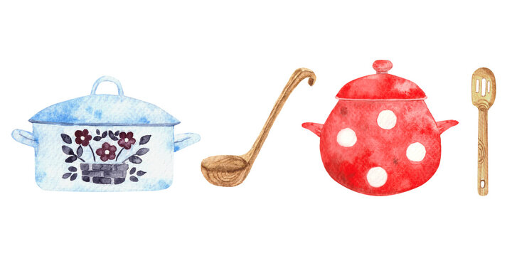 Watercolor seamless border with kitchen supplies. Red and blue pots with wooden spoon and ladle. Horizontal banner with homemade food concept