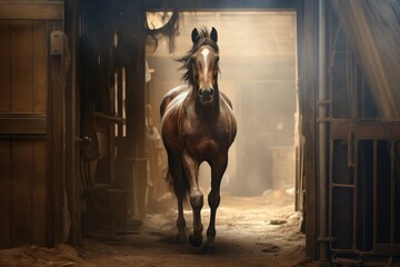 A horse is depicted walking through a barn door. This image can be used to represent rural life or the entrance to a stable. - obrazy, fototapety, plakaty