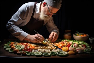 Obraz na płótnie Canvas A man wearing a chef's hat is seen preparing food on a table. This image can be used to depict professional cooking or culinary skills