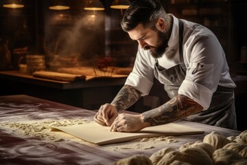 A man wearing a chef's apron is seen in the process of making dough. This image can be used to showcase the culinary skills of a chef or to illustrate the art of baking