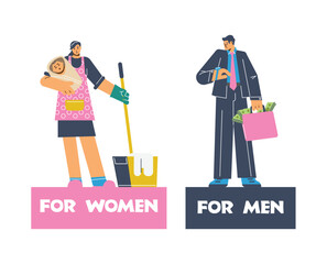 Social roles cartoon vector poster, housewife with baby and mop, businessman with a lot of money, gender stereotypes