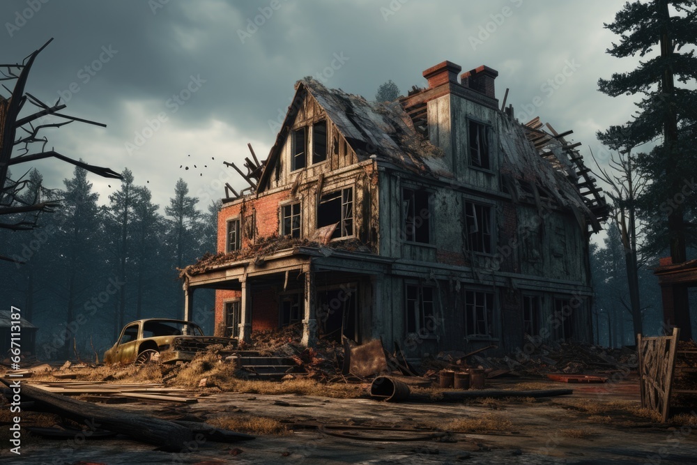 Poster a picture of a very old house situated in the middle of a dense forest. this image can be used to de