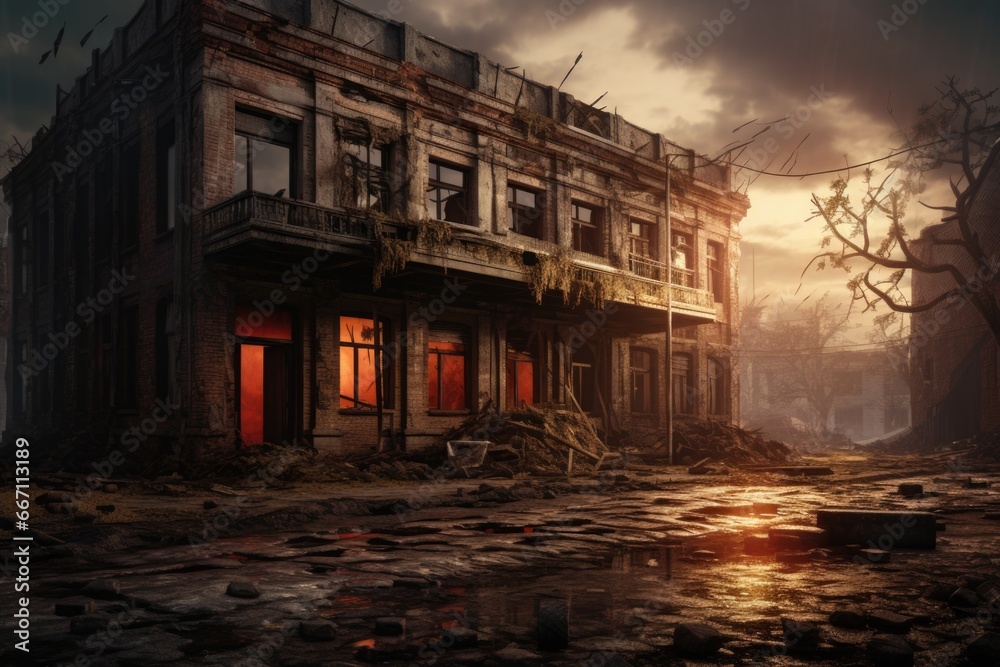Poster A building engulfed in flames with a raging fire in the middle. 