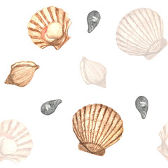 Watercolor seamless pattern of Scallop mollusk. Seafood background. For recipes, flyer, restaurant menu cards design, packaging design. Vintage style. Marine background..