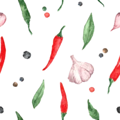 Fotobehang Watercolor seamless pattern of spices. Garlic, chili pepper, bay leaf, cayenne pepper. Background with food, background with spices. Design for kitchen textile, posters, prints, banners, flyers © Daria