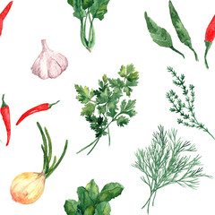 Watercolor seamless pattern with fresh greenery. Dill, rosemary, parsley, thyme, garlic, chili, peppers, vintage-style. Culinary herbs and spices on a white background. Detox Design Templates