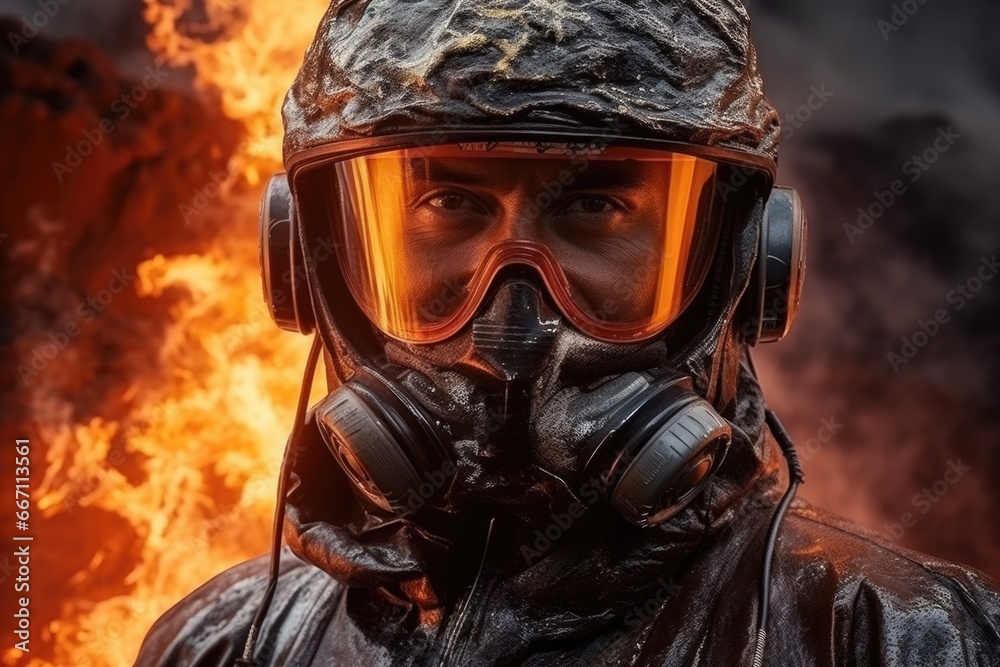 Poster a man is pictured wearing a gas mask while standing in front of a fire. this image can be used to po
