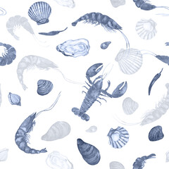 Watercolor seamless pattern of seafood, vintage style in blue shades. Lobsters, shrimps, oysters, mussels, clams, spices, herbs for seafood. Restaurant menus, wallpaper, textile, fabric, banner