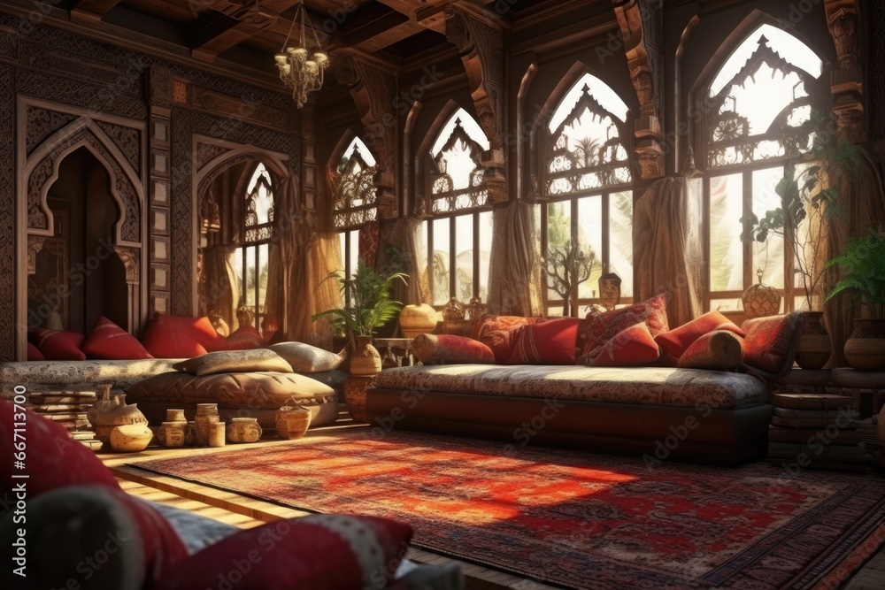Poster a well-furnished living room with an abundance of furniture and large windows that fill the space wi
