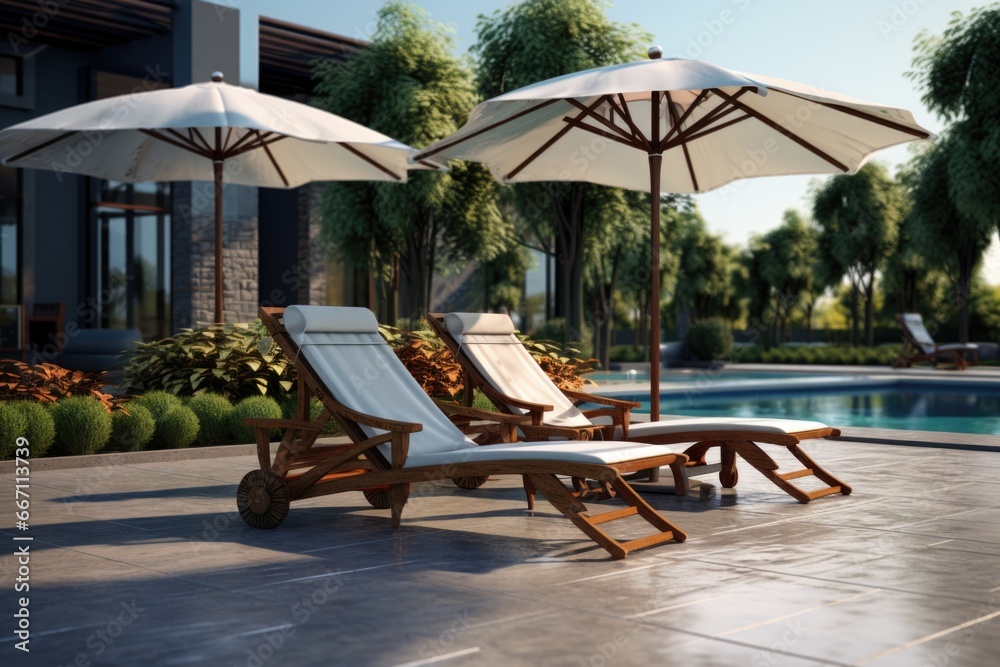 Poster two lounge chairs with umbrellas next to a swimming pool. perfect for illustrating relaxation and va