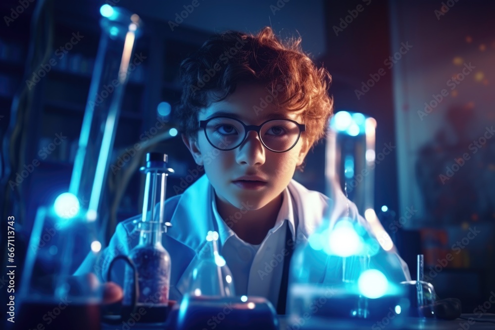 Poster a young boy wearing a lab coat is focused on observing something. this image can be used to depict c