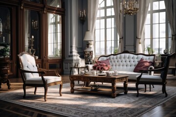 Fototapeta na wymiar A beautifully furnished living room with elegant furniture and a stunning chandelier. Perfect for interior design concepts or home decor inspiration