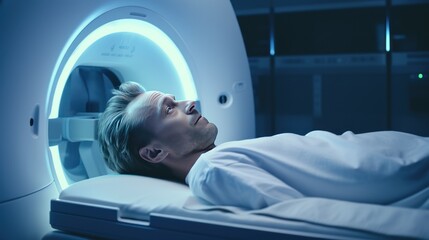 Magnetic Resonance Imaging( MRI) : A patient lying still in an MRI machine, a medical technician in the control room. - obrazy, fototapety, plakaty