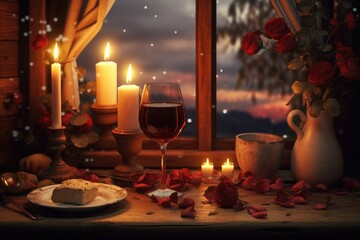 Fototapeta premium A picture of a table with a plate of food and a glass of wine. Perfect for showcasing delicious meals and elegant dining experiences