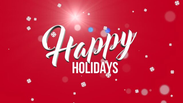 Happy Holidays text with flying snow on red gradient, motion holidays and winter style background for New Year and Merry Christmas