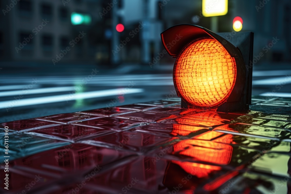 Poster a red traffic light sitting on the side of a road. this image can be used to represent traffic regul
