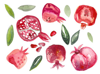 fruits to decorate the winter holiday table. A set of whole pomegranates and halves in scarlet and burgundy shades and green leaves. hand painted watercolor on white background for fabric design