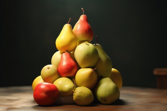 A pile of fruit sitting on top of a wooden table. This image can be used for various purposes, such as food blogs, recipe websites, and healthy eating articles