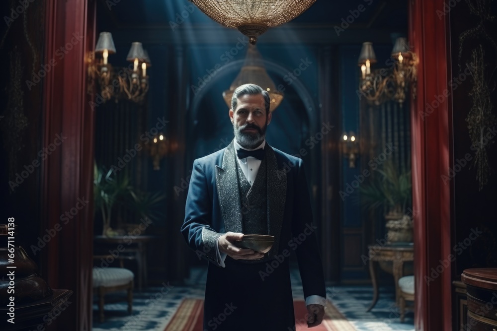Poster a picture of a man dressed in a tuxedo standing in a room. this image can be used for various purpos